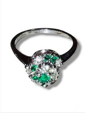 Rhodium Plated Green & Clear Rhinestone Swirl Cocktail Ring